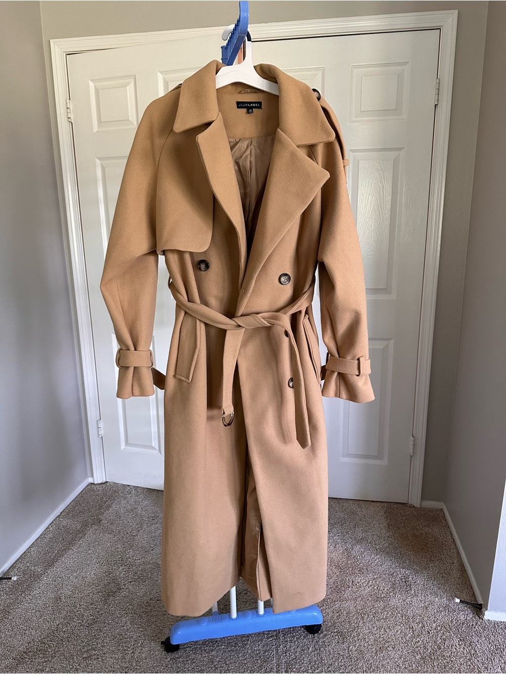 Wool-Blend Camel Trench Coat with Belt